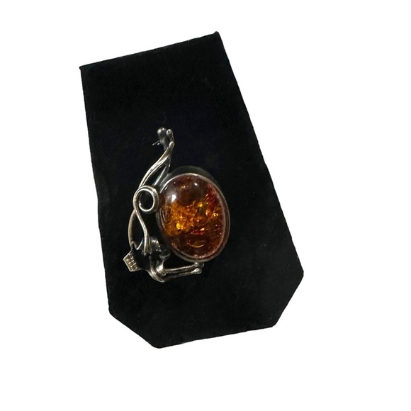 Vtg Signed M 925 Sterling Silver Natural Amber Cabochon Floral Brooch Pin 2” 13g - Picture 6 of 16
